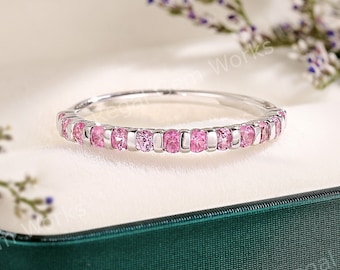 Unik 14k vitguldsring med rosa safir, minimalistisk brudring, rosa safir, unik jubileumsgåva, evighetsring i sterlingsilver