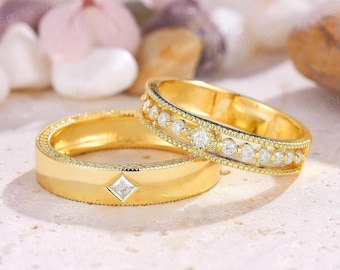 Vintage 14kGold Couple Ring Set Princess Cut Diamond Couple Promise Ring His and Her Wedding Band Minimalist Stacking Ring For Men and Women