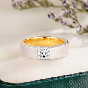 Vintage Mens Moissanite Colorblock Band Princess cut Moissanite Mens Wedding Band Unique design Frosted Diamond mens Ring Gift for husband