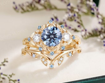 Dainty blue moissanite engagement ring set nature inspired sapphire cluster Leaf wedding ring unique sapphire Flower ring anniversary gift