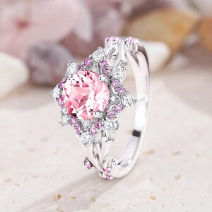 Nature Inspired Pink Sapphire Flower Engagement Ring 14k White Gold Moissanite Halo Promise Ring Art Deco Pink Sapphire Cluster Wedding Ring