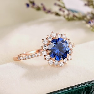 Round Sapphire Engagement Ring Dainty Halo Moissanite Wedding Ring Custom Bridal Promise Ring 14k Rose Gold Ring Anniversary Gift for Wife