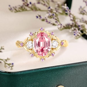 Antique Oval cut pink sapphire engagement ring 18k Gold natural pink sapphire cluster leaf wedding ring Delicate pink sapphire promise ring
