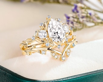 pear shape moissanite promise ring natural sapphire flower cluster wedding ring unique moissanite art deco leaf engagement ring gift for her