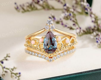 Conjunto de anéis de noivado de diamante Milgrain Alexandrite antigo Conjunto de anéis de casamento Alexandrite de conto de fadas exclusivo Presente Personalizar joias Presente para mulheres