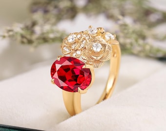 Vintage Oval Rubin Verlobungsring, 14k Gold Blume Ehering personalisierte Brautschmuck handgemachter Jahrestag Ring für ihr Versprechen Geschenk