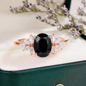 Oval black onyx wedding ring marquise moissanite ring unique rose gold ring Vintage black onyx engagement ring anniversary gifts for women