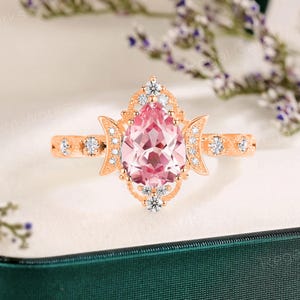 Vintage pear cut pink sapphire engagement ring Unique filigree art moissanite proposal ring dainty 14k white gold pink sapphire wedding ring