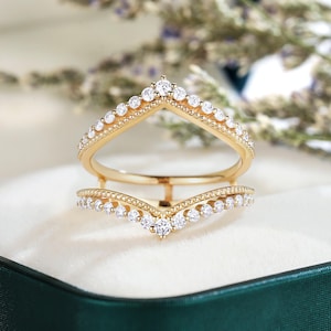 Double V-Shaped Lab Grown Diamond Wedding Band Enhancer 14K Yellow Gold Milgrain Ring Stackable Bridal Set for Engagement Ring Gift for Wife