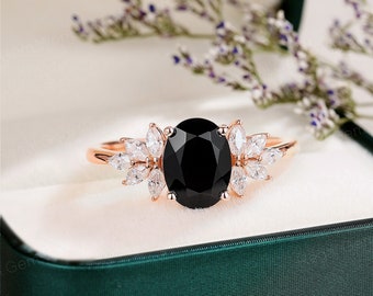 Ovaler Ehering aus schwarzem Onyx, Marquise-Moissanit-Ring, einzigartiger Roségoldring. Vintage-Verlobungsring aus schwarzem Onyx, Jubiläumsgeschenke für Frauen
