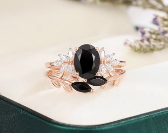 Vintage Oval Schwarzer Onyx Ehering Set Einzigartiges Marquise Moissanit Cluster Blatt Ehering Set Roségold Verlobungsring Jubiläumsgeschenk