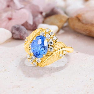 Nature Inspired Cornflower Sapphire Feather Engagement Ring White Gold Moissanite Leaf Wedding Ring Oval Sapphire Promise Ring for Women