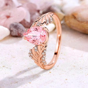 Nature Inspired Pear Pink Sapphire Engagement Ring 14k Rose Gold Leaf Branch Wedding Ring Custom Promise Ring Anniversary Ring Gift For Wife