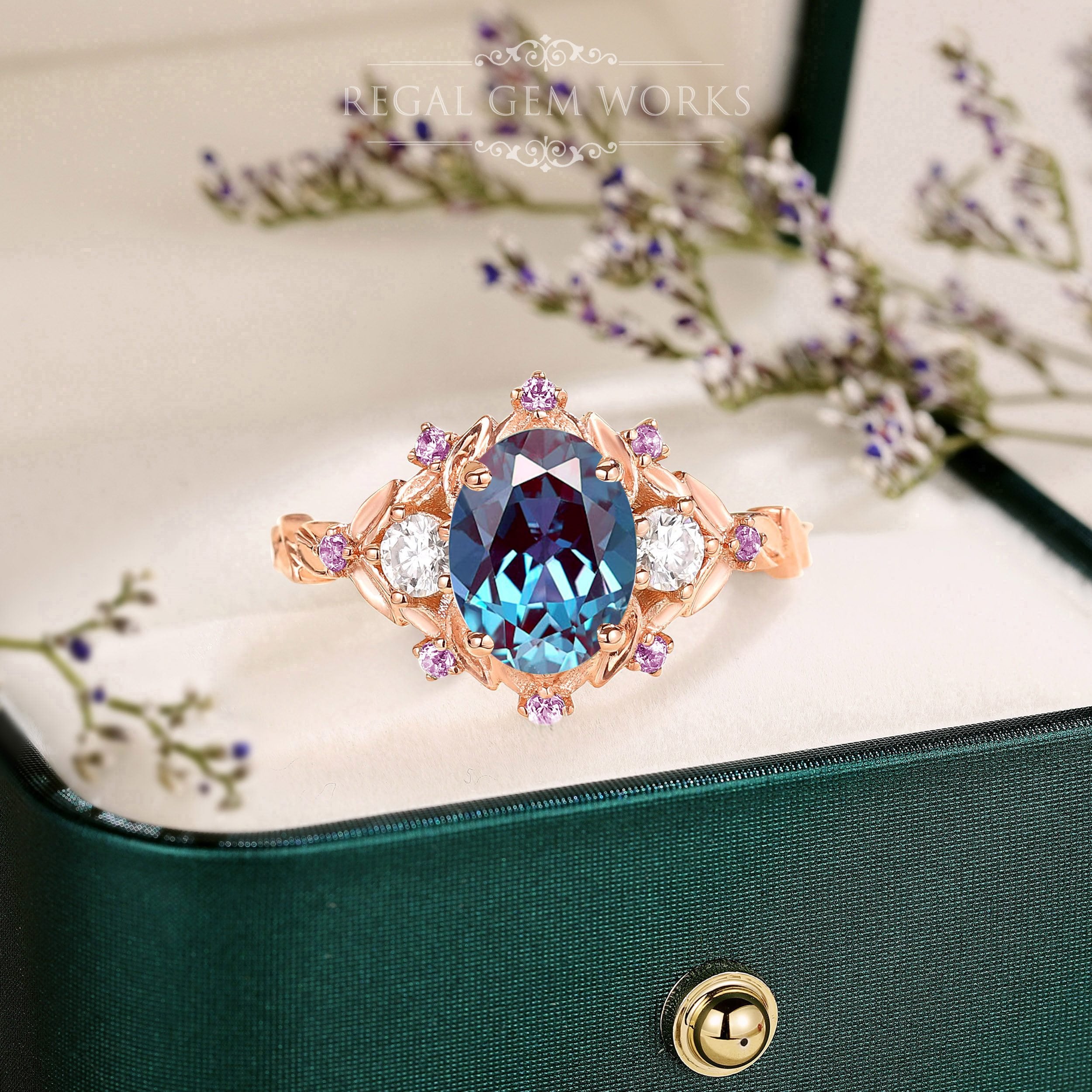 Vintage ovale alexandriet ring amethist cluster bloemenring 14k gouden alexandriet trouwring juni geboortesteen ring alexandriet belofte ring