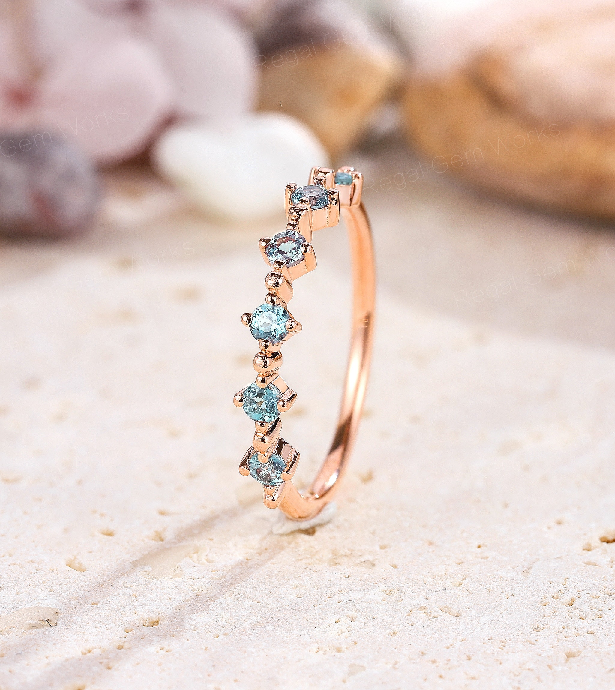 Unique Eternity Band Round Alexandrite Wedding Band Dainty Alexandrite Six Stone Promise Ring Rose Gold Custom Wedding Ring Gift for Women
