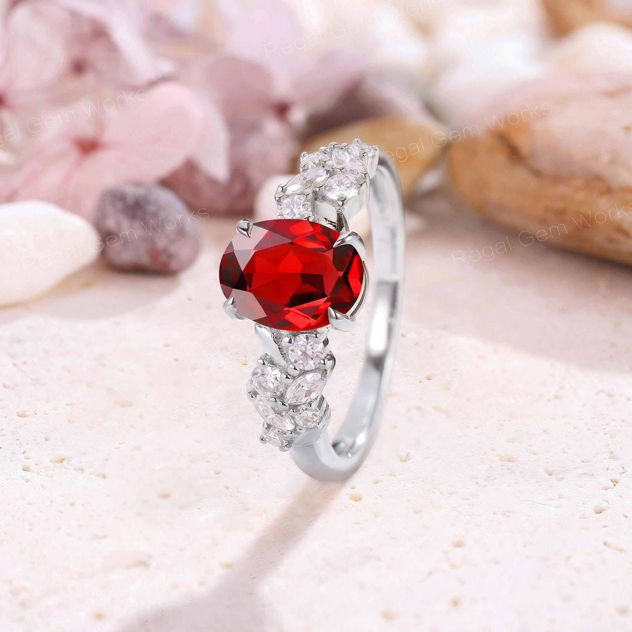 Natural Oval Cut Red Garnet Flower Engagement Ring 14K Gold