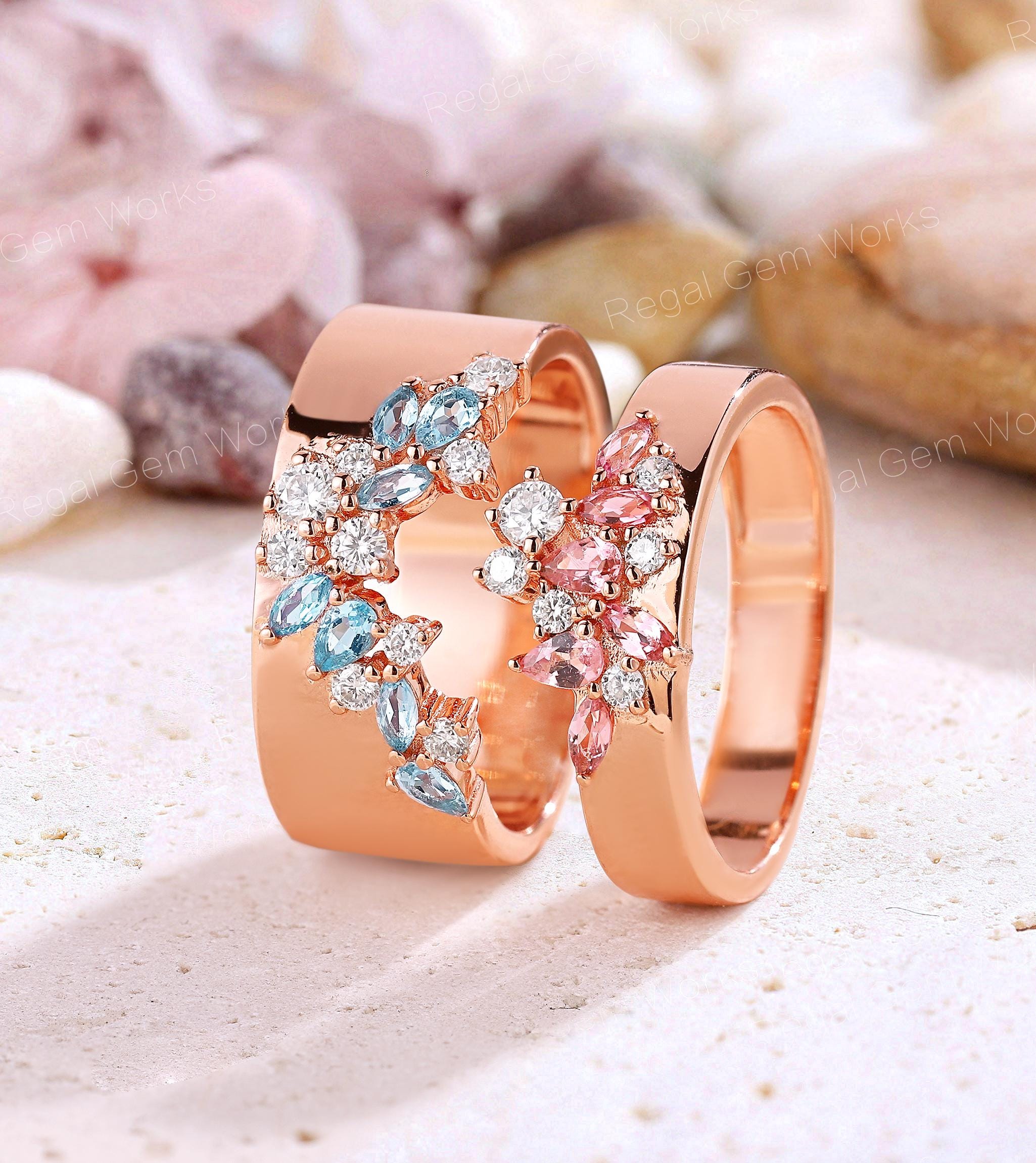 Unique Pink Sapphire & Topaz Couple Ring His and Hers Matching