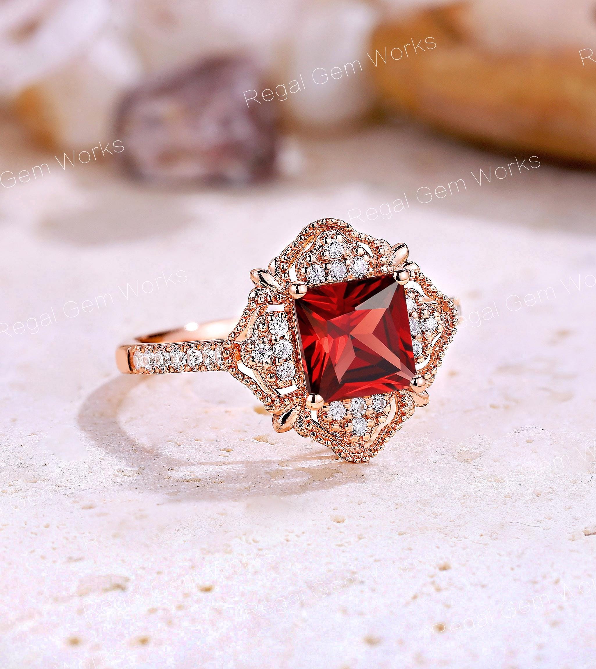 Princess Cut Ruby Filligree Engagement Ring Vintage Milgrain Moissanite ...
