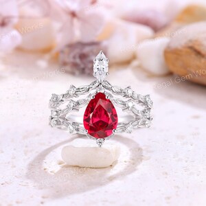 2PCS Pear Ruby Flower Engagement Ring Set 14k White Gold Diamond ...