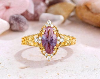 Juni geboorte bloemenring alexandriet verlovingsring ArtDeco Moissaniet bloemen trouwring vuurwerk gesneden alexandriet belofte ring cadeau voor haar