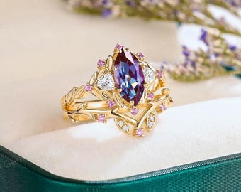 Marquise geslepen alexandriet bloem verlovingsring set vintage roze saffierblad trouwring juni geboortesteen ring art deco bruids ring set