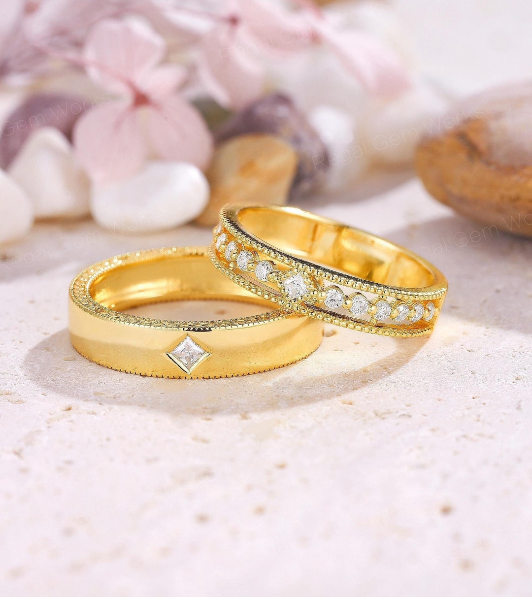 Vintage 14kgold Couple Ring Set Princess Cut Diamond Couple