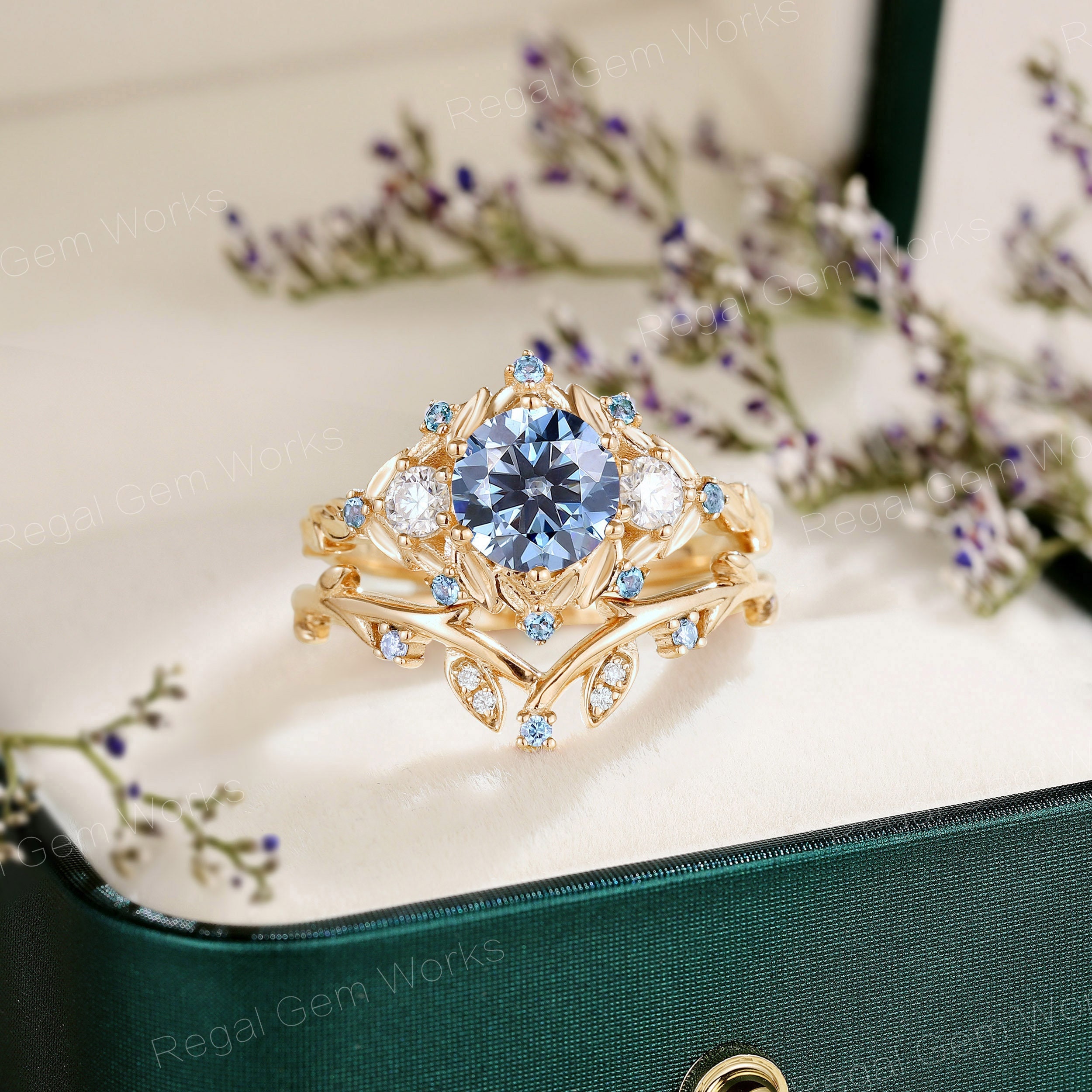Dainty blue moissanite engagement ring set nature inspired sapphire cluster Leaf wedding ring unique sapphire Flower ring anniversary gift