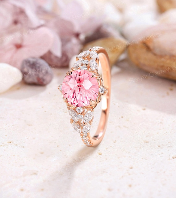 Nature Inspired Round Shaped Pink Sapphire Flower Engagement Ring
