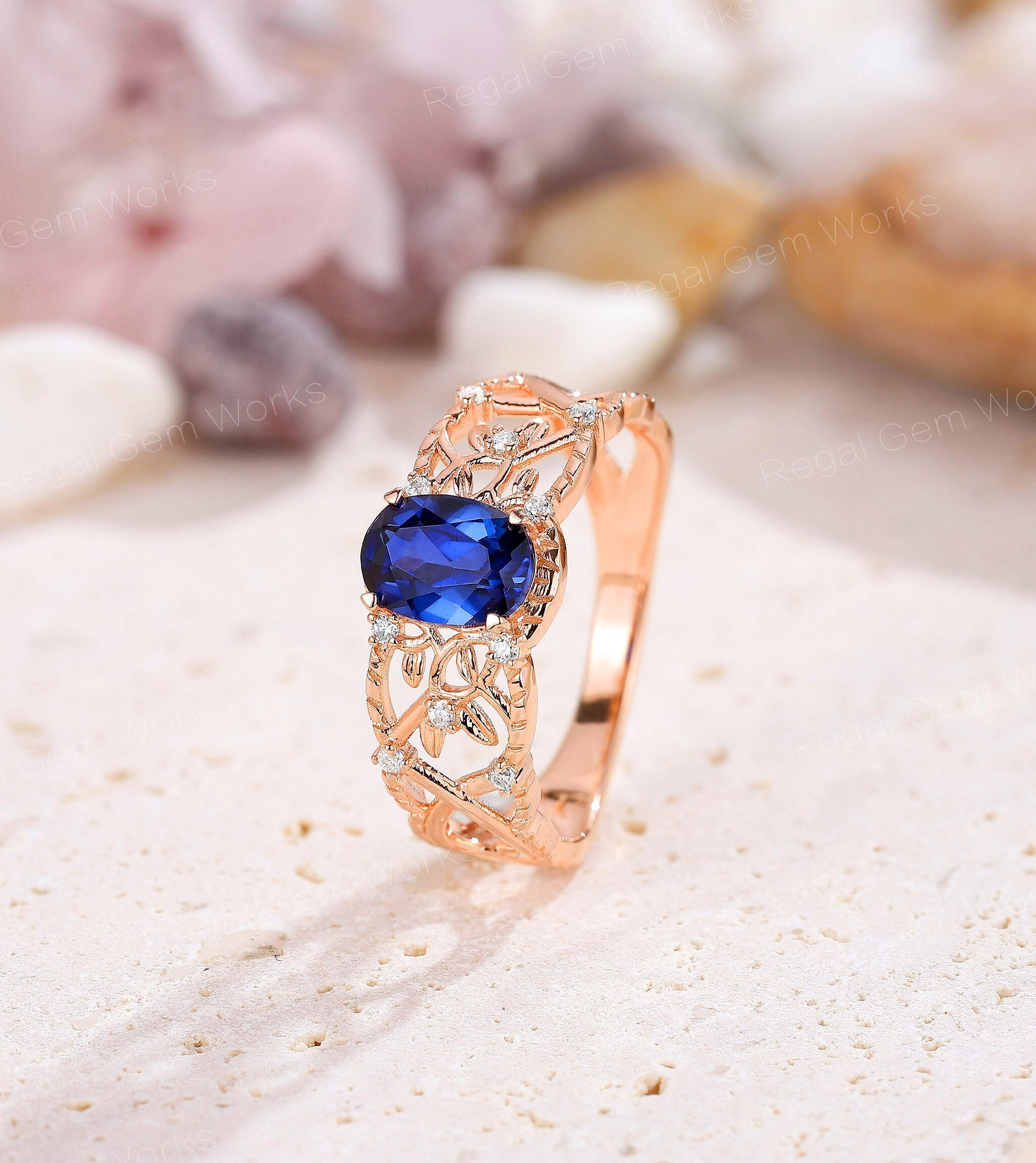 ミラノ★天然サファイア★リングオーダー ヴィンテージ オーバル サファイア ヴァイン エンゲージリング ローズ