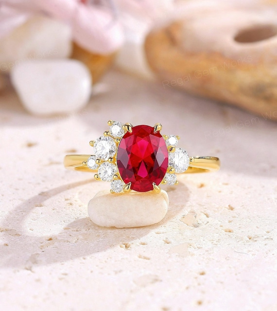 ヴィンテージ オーバルカット ルビー 結婚指輪 14K ソリッド ゴールド 