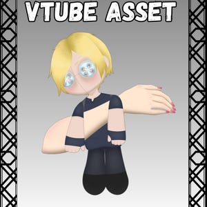 Puede incluir: Ilustración digital de un personaje parecido a una muñeca con ojos de botón y cabello rubio. El personaje lleva una camisa a rayas azul marino y beige y pantalones negros. El texto "VTUBE ASSET" está en la parte superior. Una mano con uñas rosas está en el fondo.