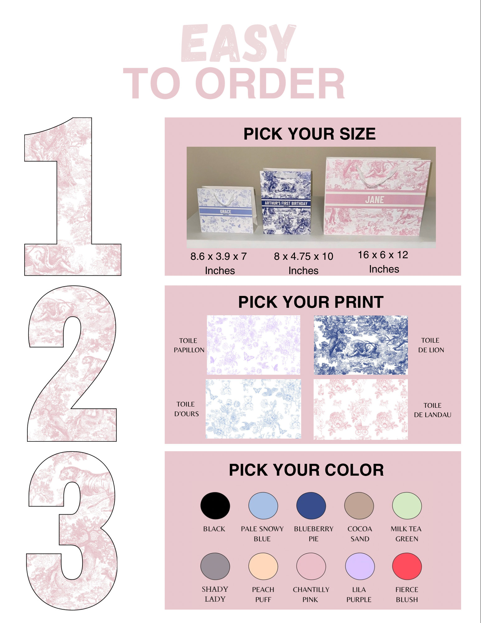 Benutzerdefinierte Toile De Jouy Geschenktüten | Personalisiert | Hochzeit | Brautjungfernantrag | Braut | Babyparty | Geburtstag | Junggesellinnenabschied
