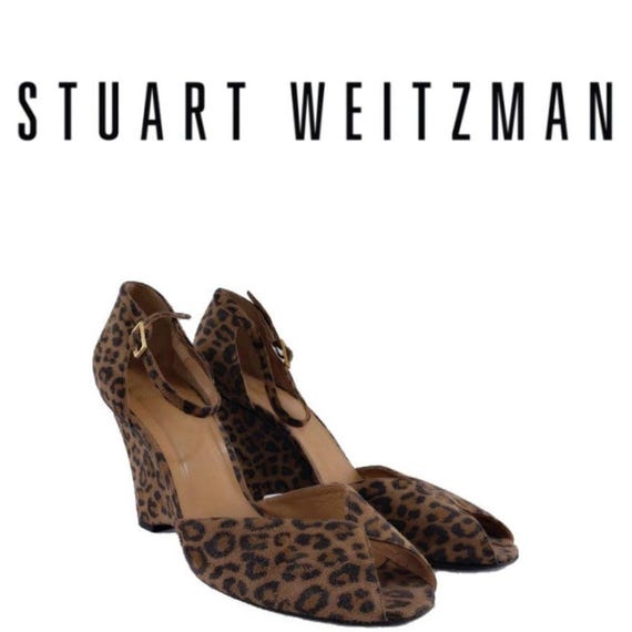 STUART WEITZMAN Leopard Printed Suede Open Toe We… - image 1