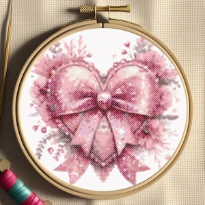 Romantic Heart Bow Cross Stitch Pattern – Pink Floral Ribbon Embroidery PDF, Valentine’s Day Stitch Design, Instant Download