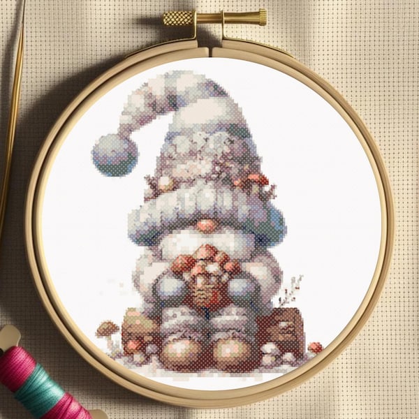 Winter Gnome Cross Stitch Pattern – Snowy Gnome with Mushrooms – Cozy Christmas Gnome PDF