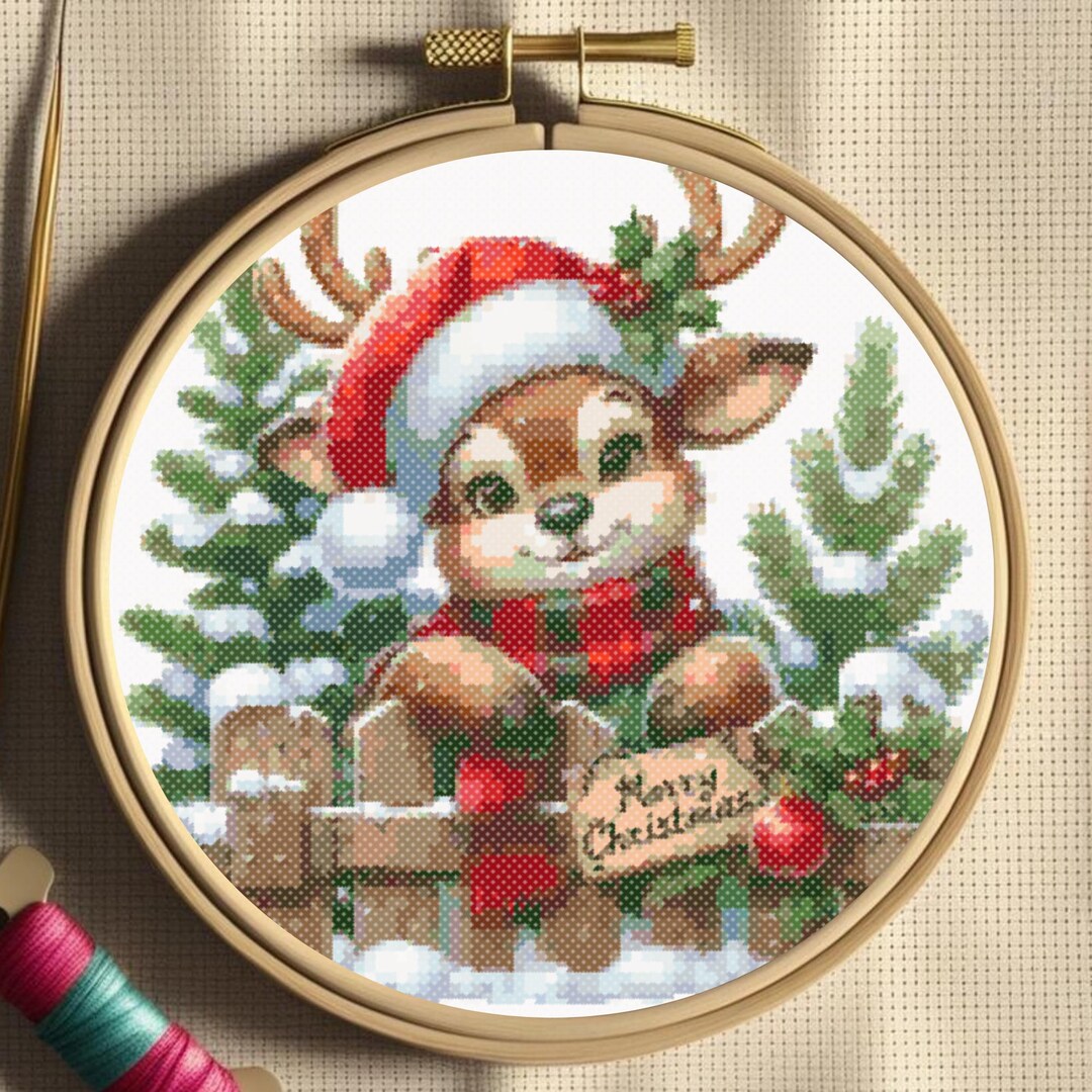 Cute Christmas Reindeer Cross Stitch Pattern – Winter Fence Scene ...