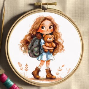 Cross Stitch Pattern | Girl with Teddy Bear, Cute Girl Embroidery, Child with Bear Cross Stitch Design, Digital Download PDF