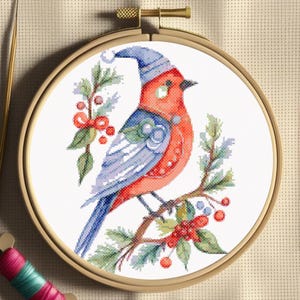 Winter Bird Cross Stitch Pattern - Festive Red Bird with Santa Hat Christmas PDF Embroidery Design