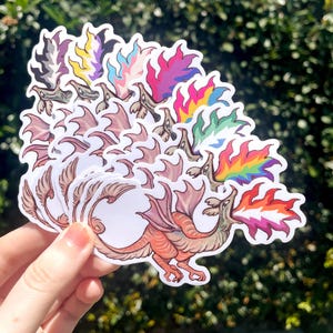 May include: A set of colourful dragon stickers with a white background. Each sticker features a dragon with a different coloured flame coming out of its mouth. The flames are in various colours, including red, orange, yellow, green, blue, purple, and pink.