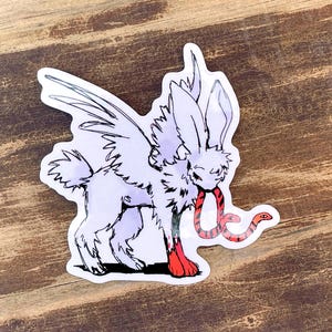 May include: A white rabbit with wings and a red snake wrapped around its neck. The rabbit has long ears and a fluffy tail. The snake is red with black stripes.