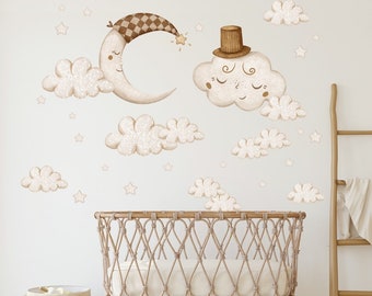 Stickers muraux chambre d'enfant, nuages, lune et étoiles, décoration beige, chambre bohème, AM160