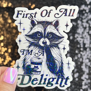 First of All I’m a Delight Raccoon Silly Holographic Sticker Mental Health Sticker Sparkly Spread Positivity Good Vibes Decal Inspirational