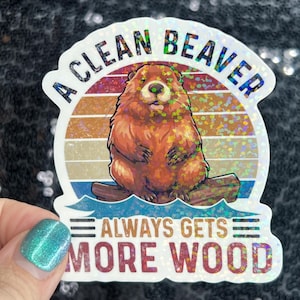 May include: A holographic sticker featuring a cartoon beaver sitting on a log. The sticker has the text "A CLEAN BEAVER ALWAYS GETS MORE WOOD" in a retro sunset design. The beaver is brown with a glittery effect.