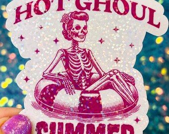 Hot Ghoul Summer Sticker, Funny Summer Sticker, Skeleton Pool Float Sticker, Spooky Summer Holographic Sticker