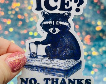 ICE? No Thanks Sticker Funny Meme Holographic Raccoon Sticker Political Humor Activist Sticker Anti ICE Protest Decal