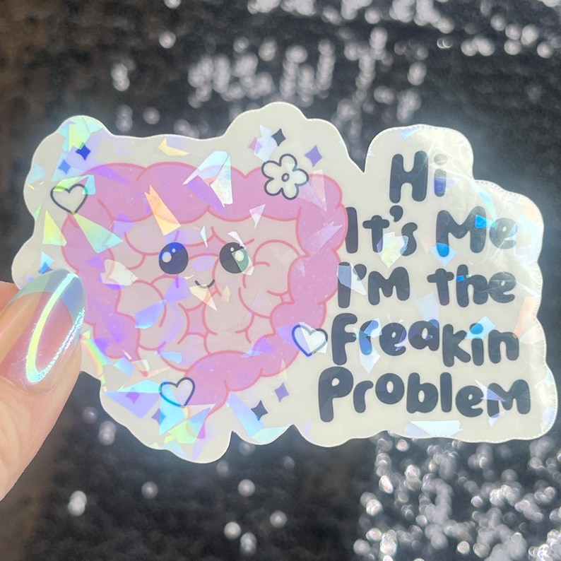 May include: A holographic sticker featuring a cartoon intestine with a smiling face. The sticker reads "Hi It's Me I'm the Freakin Problem" in black text, with hearts, flowers, and diamond accents.