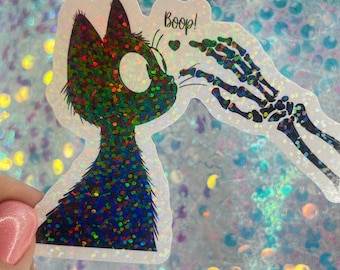 Boop Cat Skeleton Sticker Cute Spooky Holographic Sticker Funny Halloween Cat Vinyl Decal Gothic Cute Laptop Journal Sticker