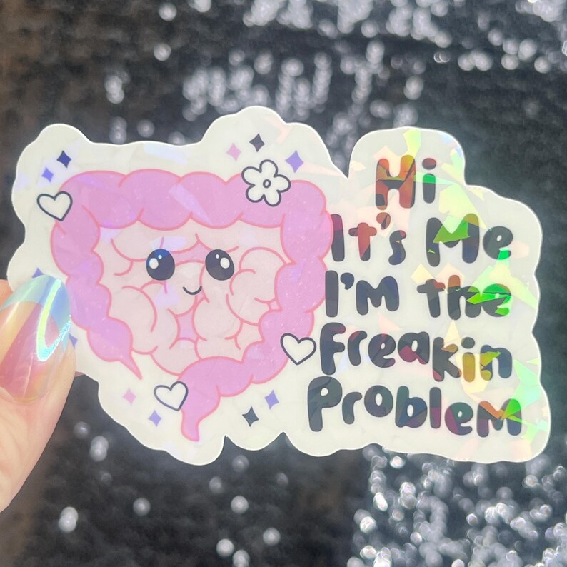 May include: A holographic sticker featuring a cartoon intestine with a smiling face, hearts, and a flower. The sticker reads "Hi It's Me I'm the Freakin Problem" in a playful font. The sticker has a shiny, iridescent finish.