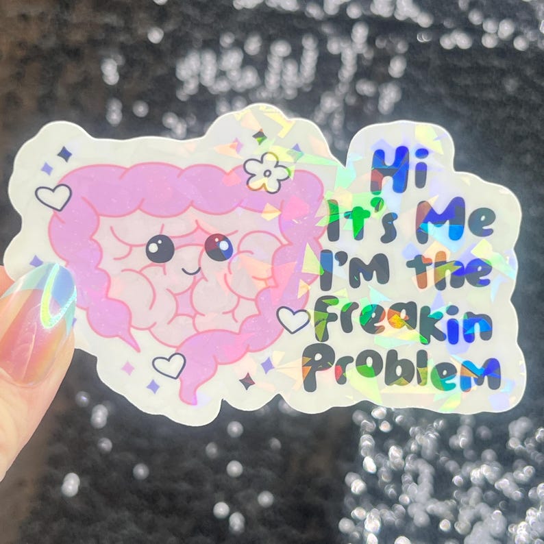 May include: A holographic sticker featuring a cartoon illustration of intestines with a smiling face, hearts, and a flower. The sticker has the text "Hi It's Me I'm the Freakin Problem" in colorful lettering.