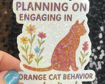 May include: A sparkly sticker with the words "PLANNING ON ENGAGING IN ORANGE CAT BEHAVIOR so don't ask." It shows an orange cat, flowers, and a white background.